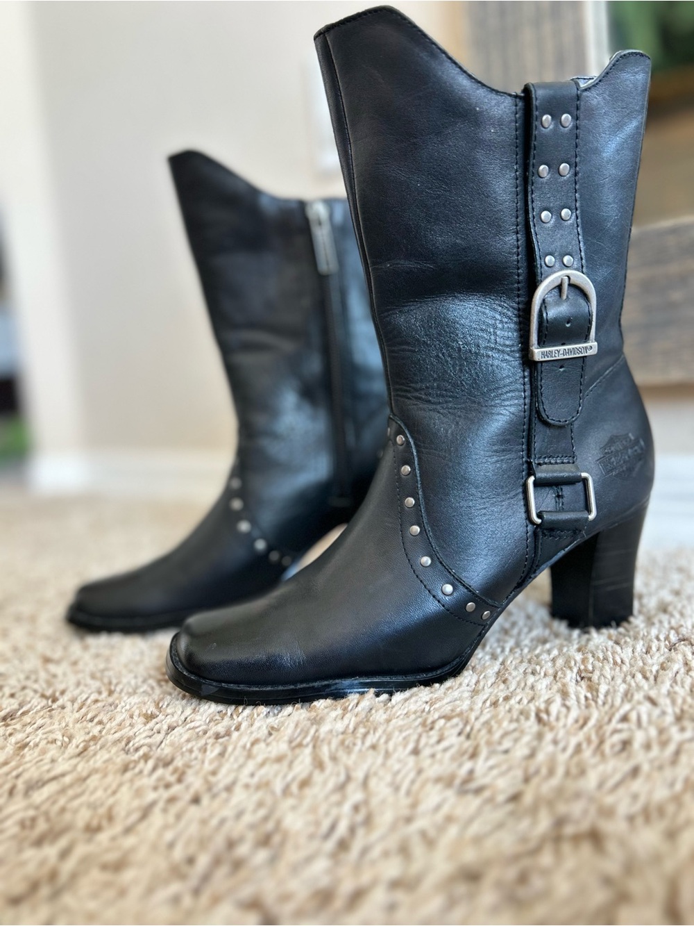 Harley-Davidson Black Leather Studded Mid-Calf Heeled Boots